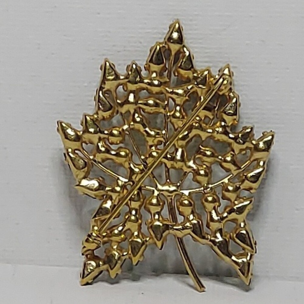 Leaf Pin Brooch Green Rhinestones 2" - Picture 6 of 6